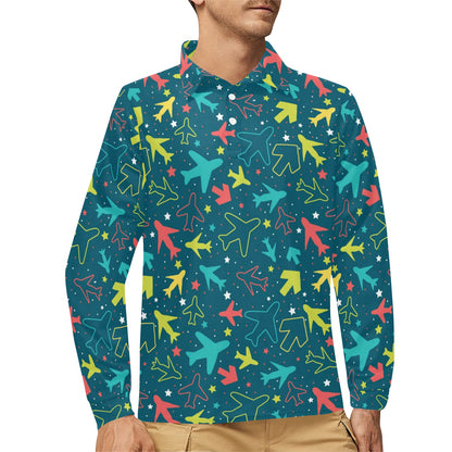 Airplane Pattern Print Design 05 Long Sleeve Polo Shirt For Men's