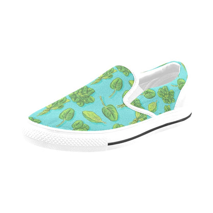 Spinach Print Design LKS301 White Slip Ons Canvas Women's Shoes