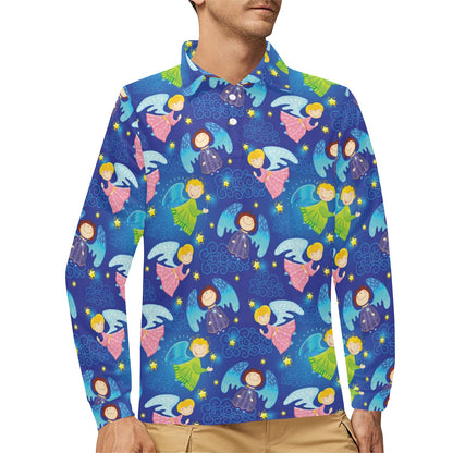 Angel Little Pattern Print Design 02 Long Sleeve Polo Shirt For Men's
