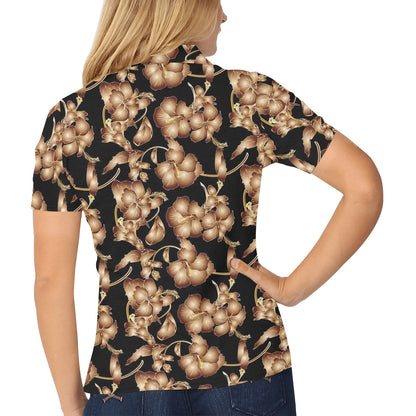 Brown Hibiscus Pattern Print Design HB06 Women's Polo Shirt