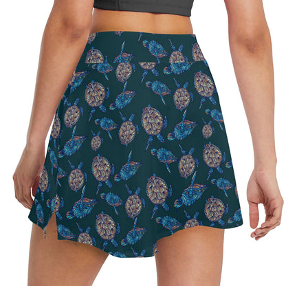 Sea Turtle Hand Drawn Blue Print 17" Golf & Pickleball Skort with Pockets