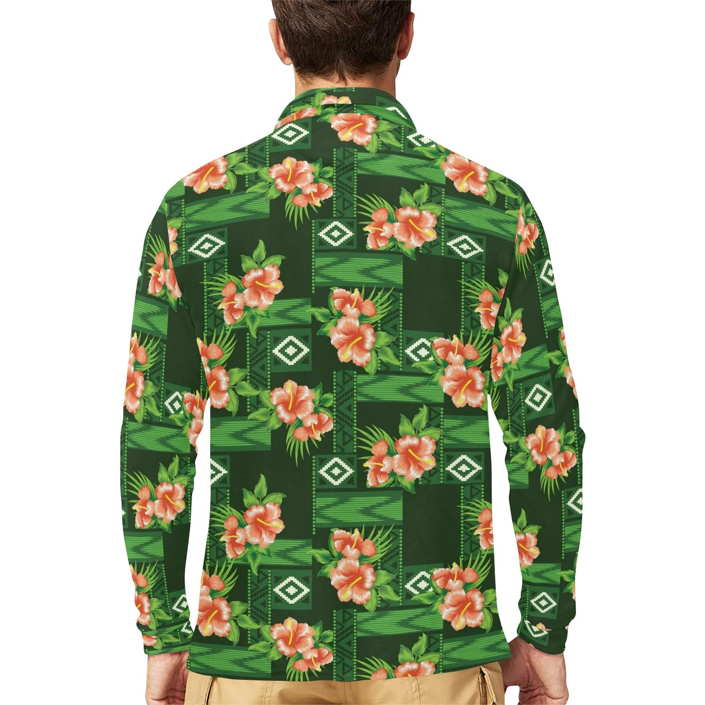Hibiscus Pattern Print Design HB05 Long Sleeve Polo Shirt For Men's