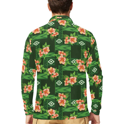 Hibiscus Pattern Print Design HB05 Long Sleeve Polo Shirt For Men's