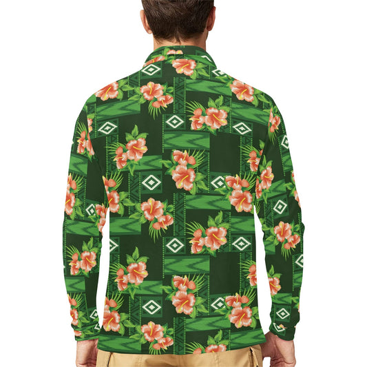 Hibiscus Pattern Print Design HB05 Long Sleeve Polo Shirt For Men's