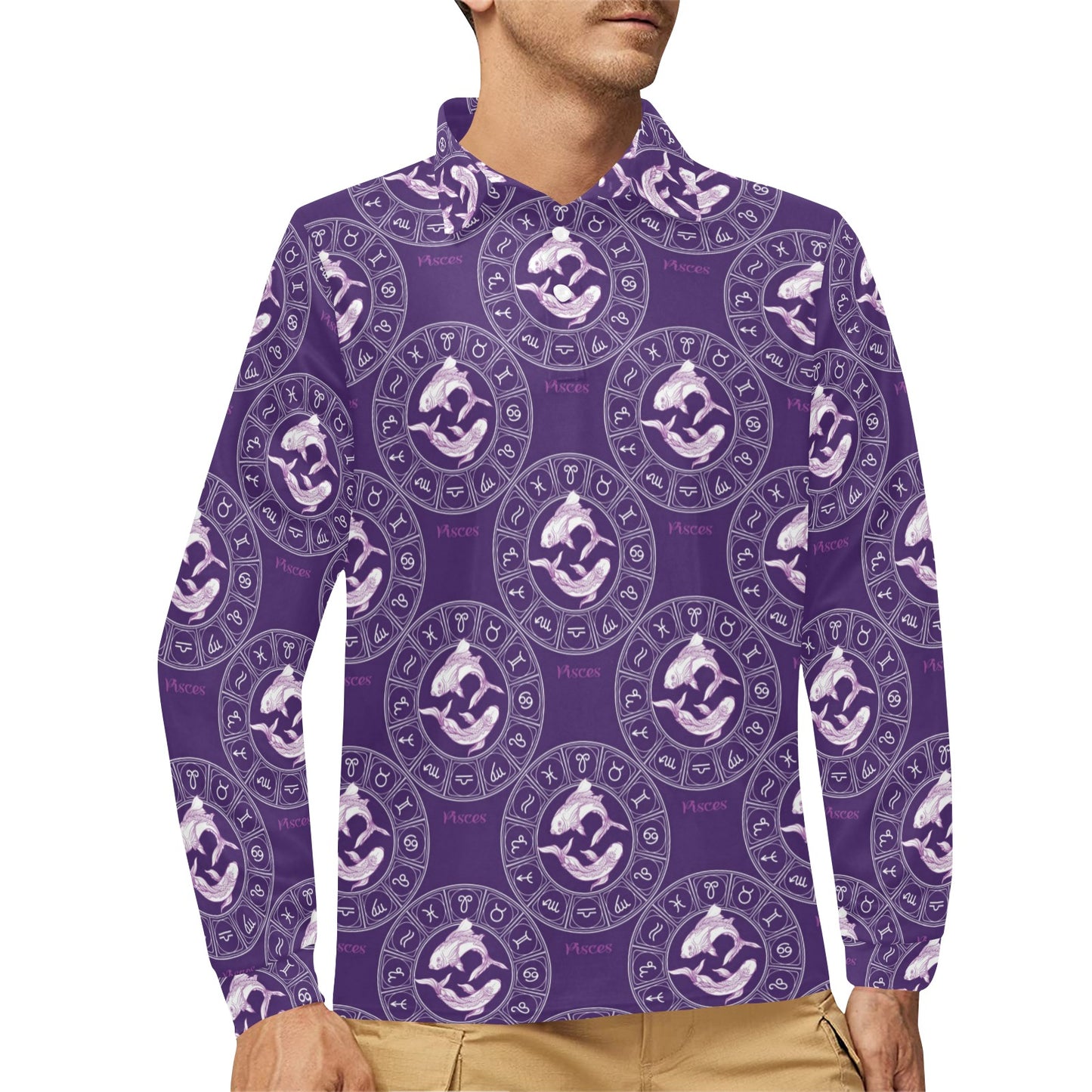 Pisces Pattern Print Design A02 Long Sleeve Polo Shirt For Men's