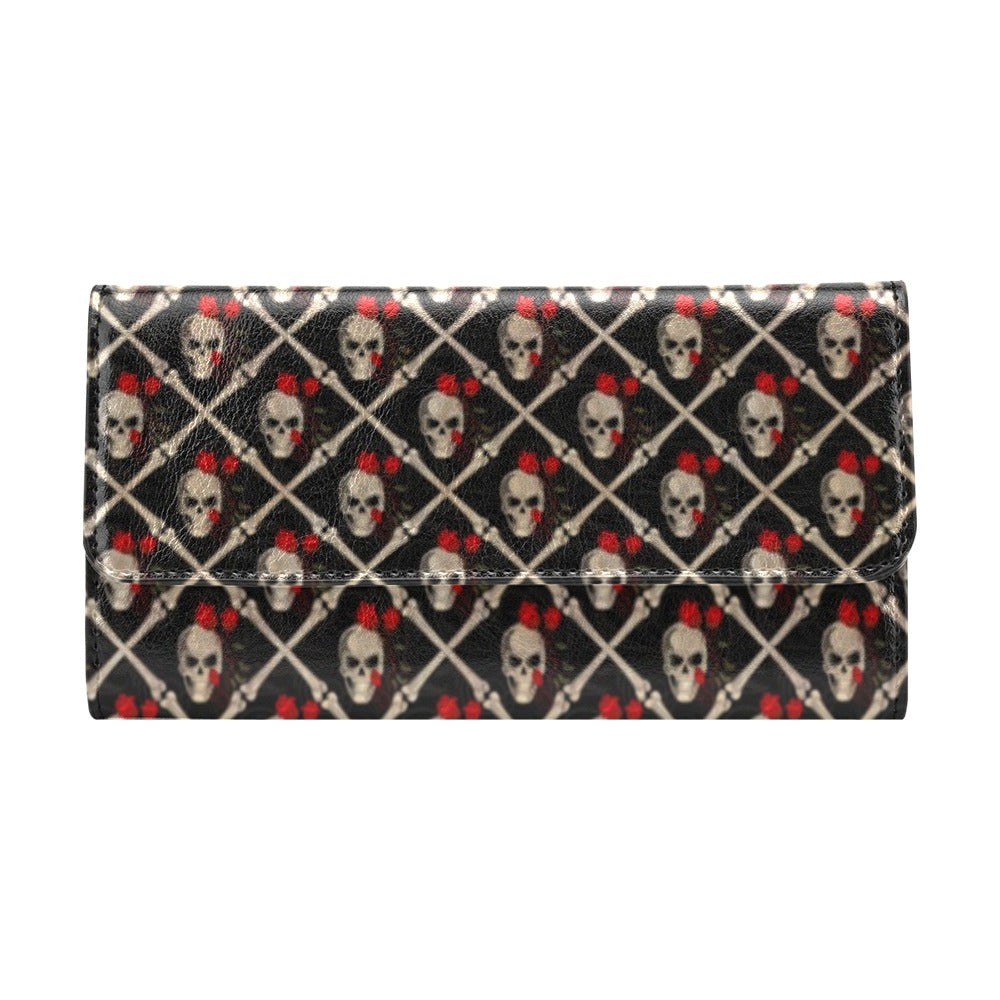 Skull Roses Bone Design Themed Print Women's Trifold Wallet