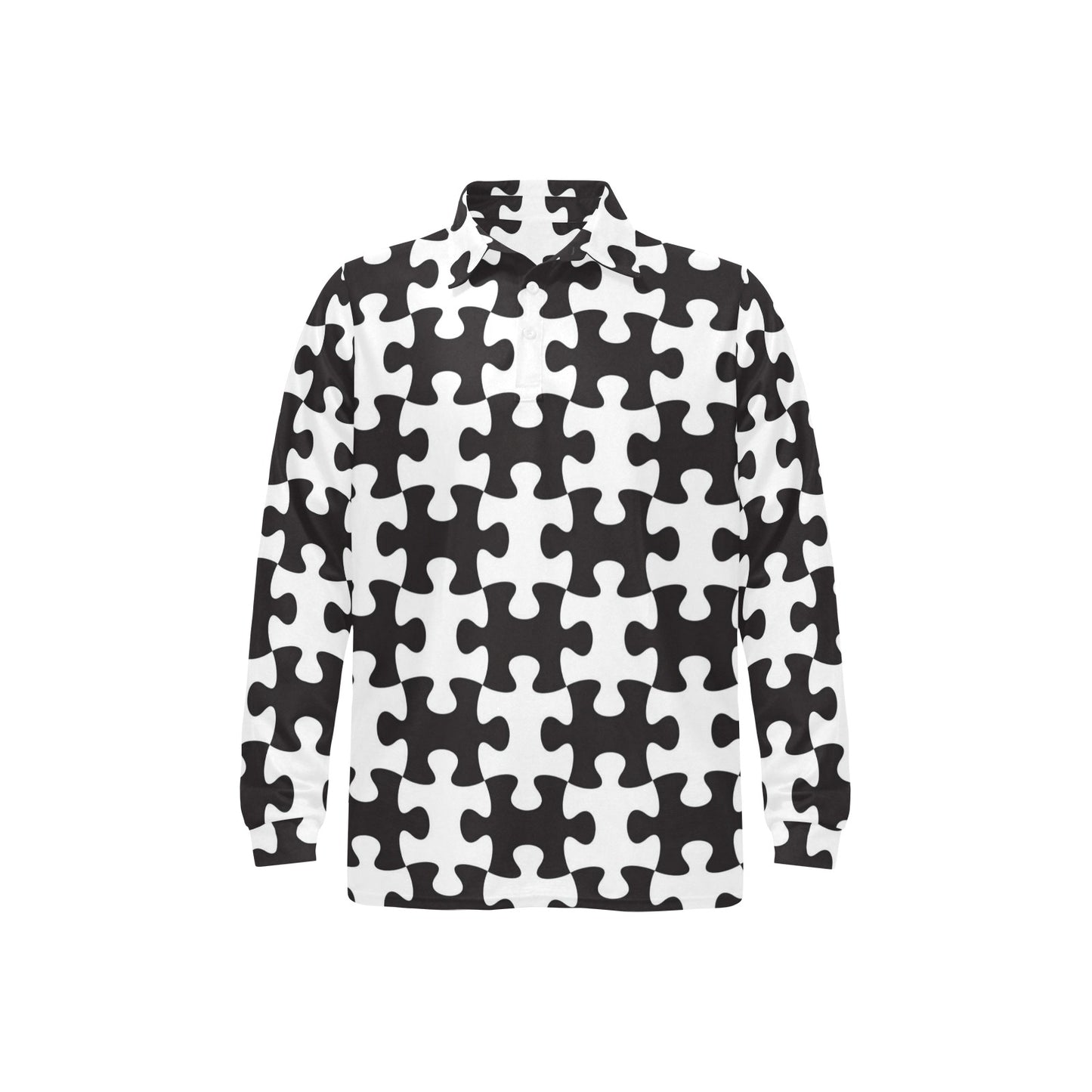 Puzzle Black White Pattern Print Design A02 Long Sleeve Polo Shirt For Men's
