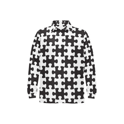 Puzzle Black White Pattern Print Design A02 Long Sleeve Polo Shirt For Men's