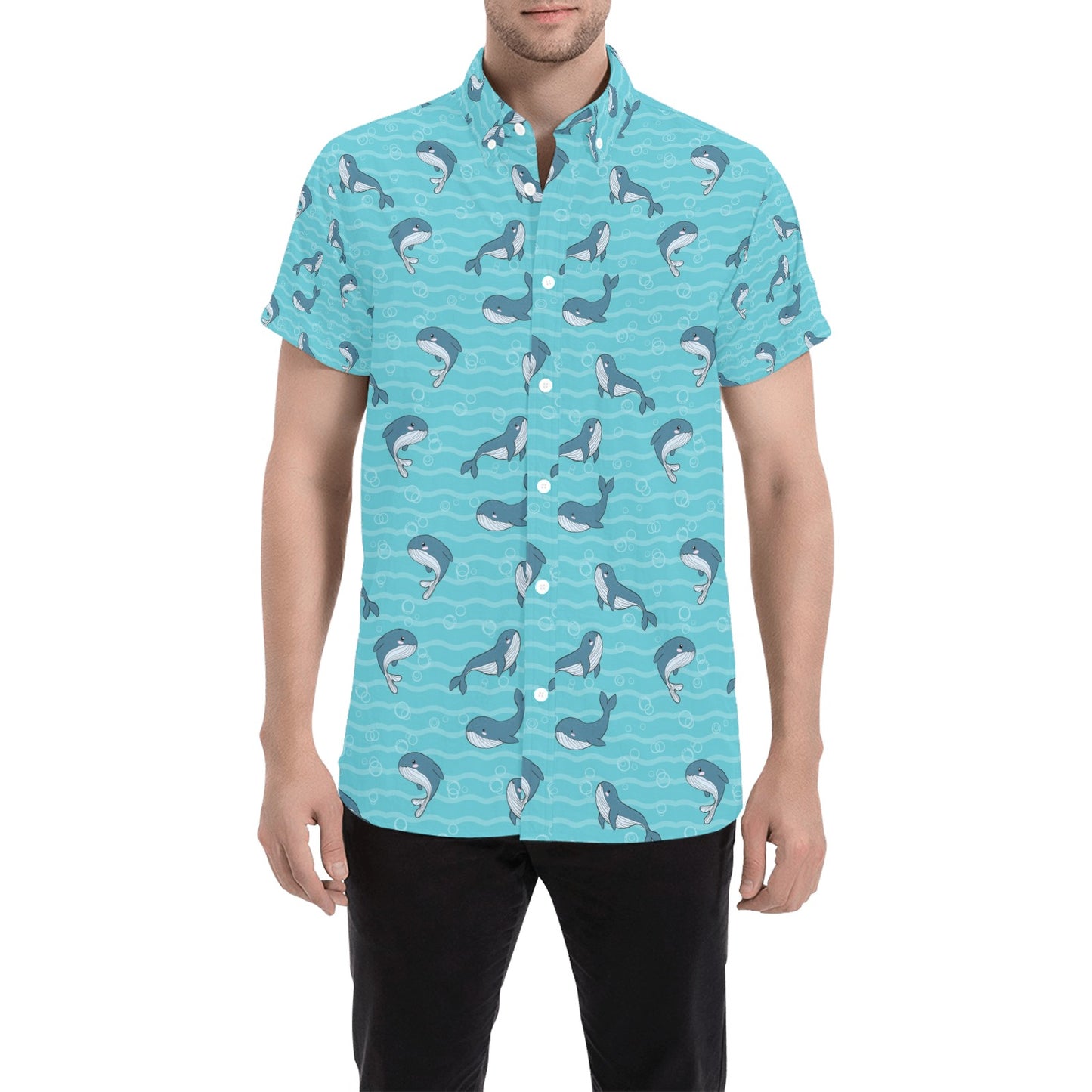 Whale Print Design LKS303 Men Short Sleeve Button Up Shirt