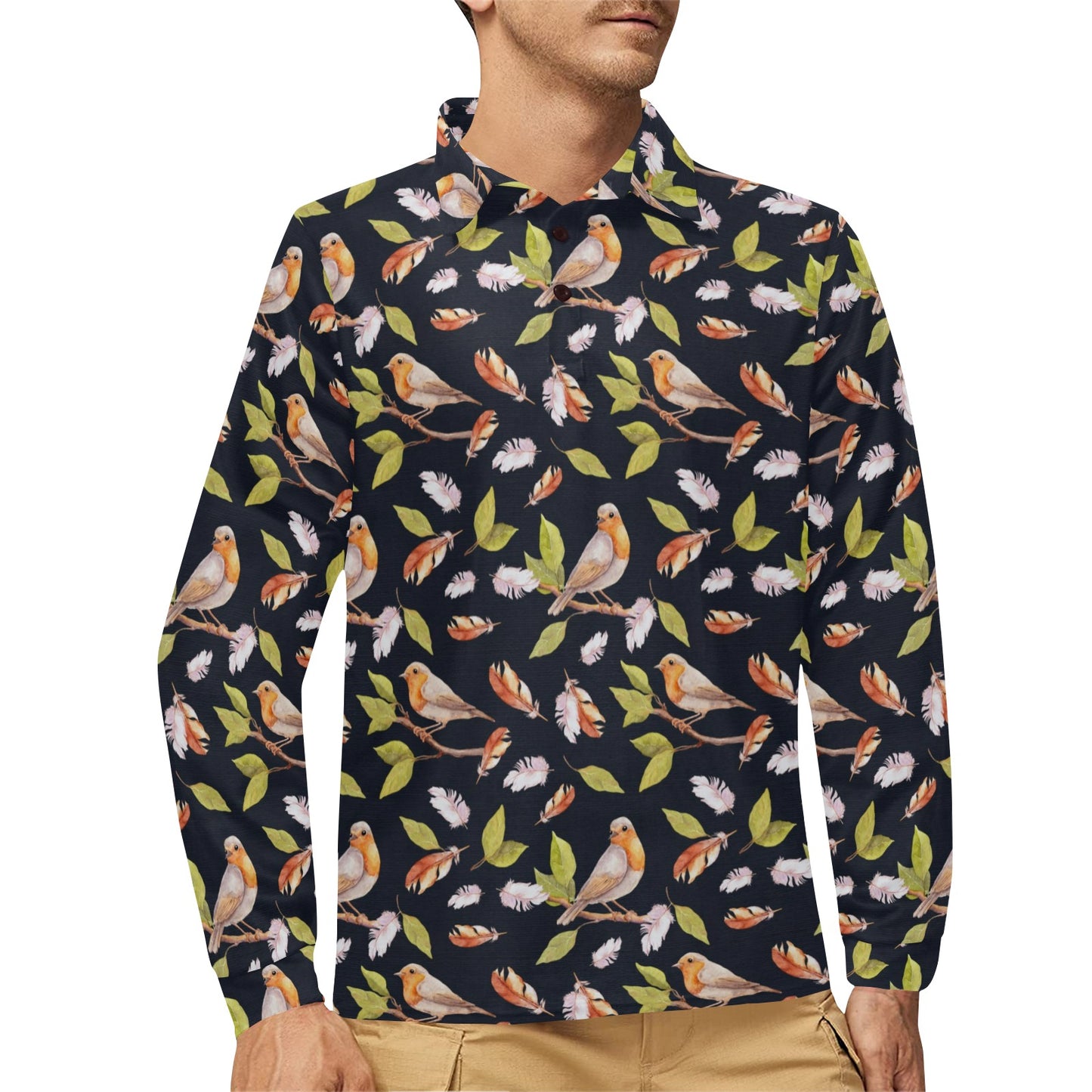 Birds Pattern Print Design 02 Long Sleeve Polo Shirt For Men's