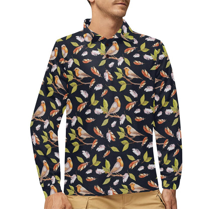 Birds Pattern Print Design 02 Long Sleeve Polo Shirt For Men's