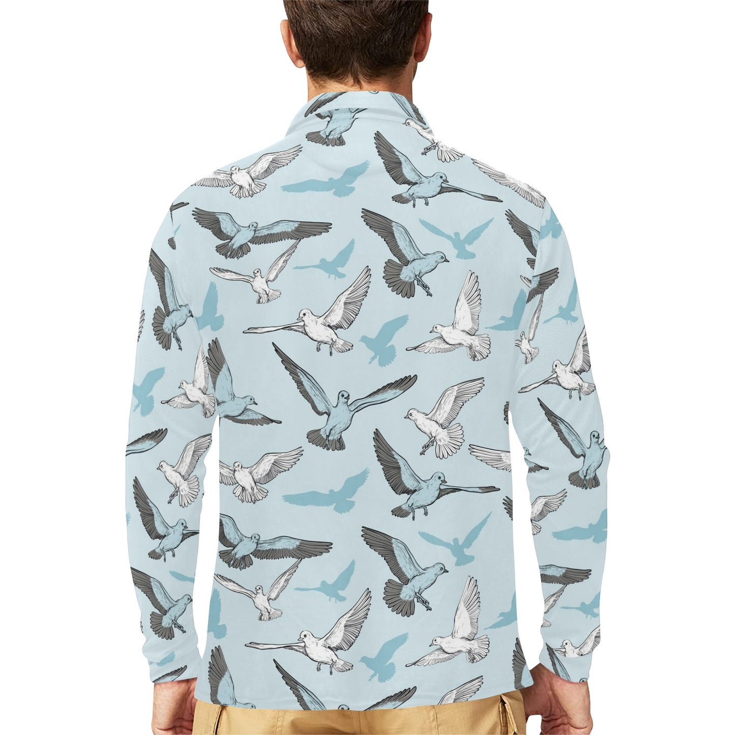 Pigeon Pattern Print Design 03 Long Sleeve Polo Shirt For Men's