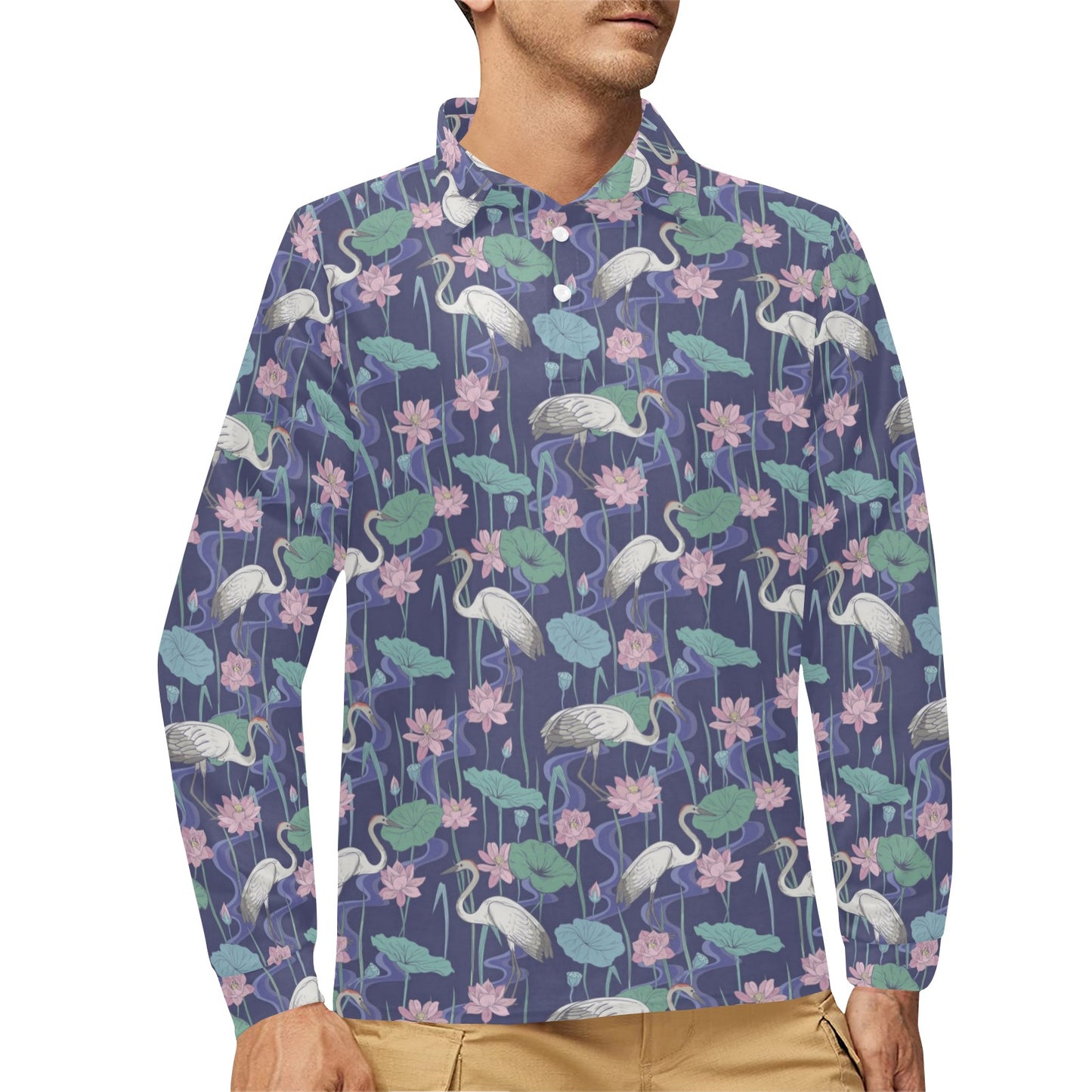 Water Lily Print Design LKS306 Long Sleeve Polo Shirt For Men's