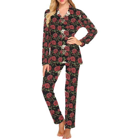 Skull And Roses Print Design LKS303 Women's Long Pajama Set