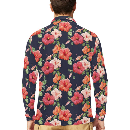 Tropical Flower Pattern Print Design TF020 Long Sleeve Polo Shirt For Men's