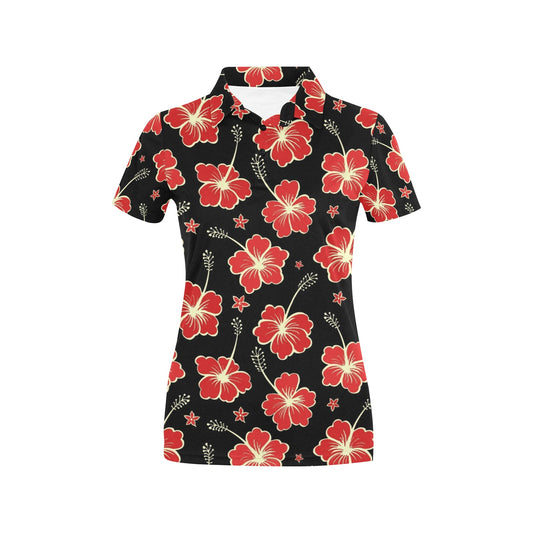 Red Hibiscus Pattern Print Design HB021 Women's Polo Shirt