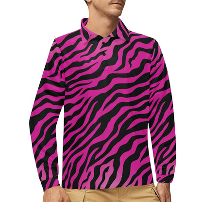 Pink Zebra Long Sleeve Polo Shirt For Men's
