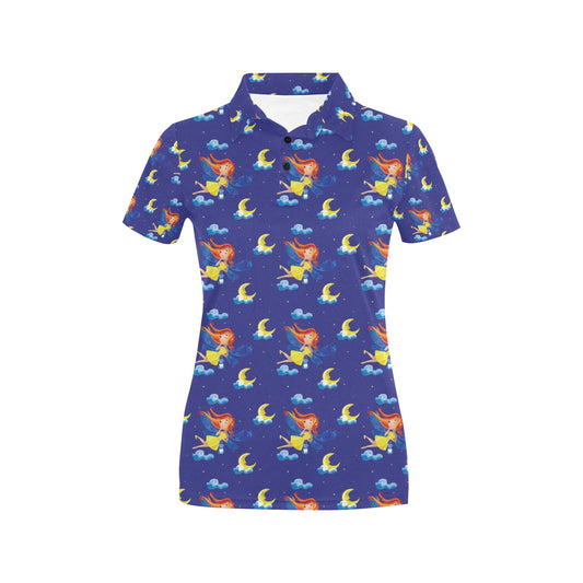 Fairy with Moon Print Pattern Women's Polo Shirt