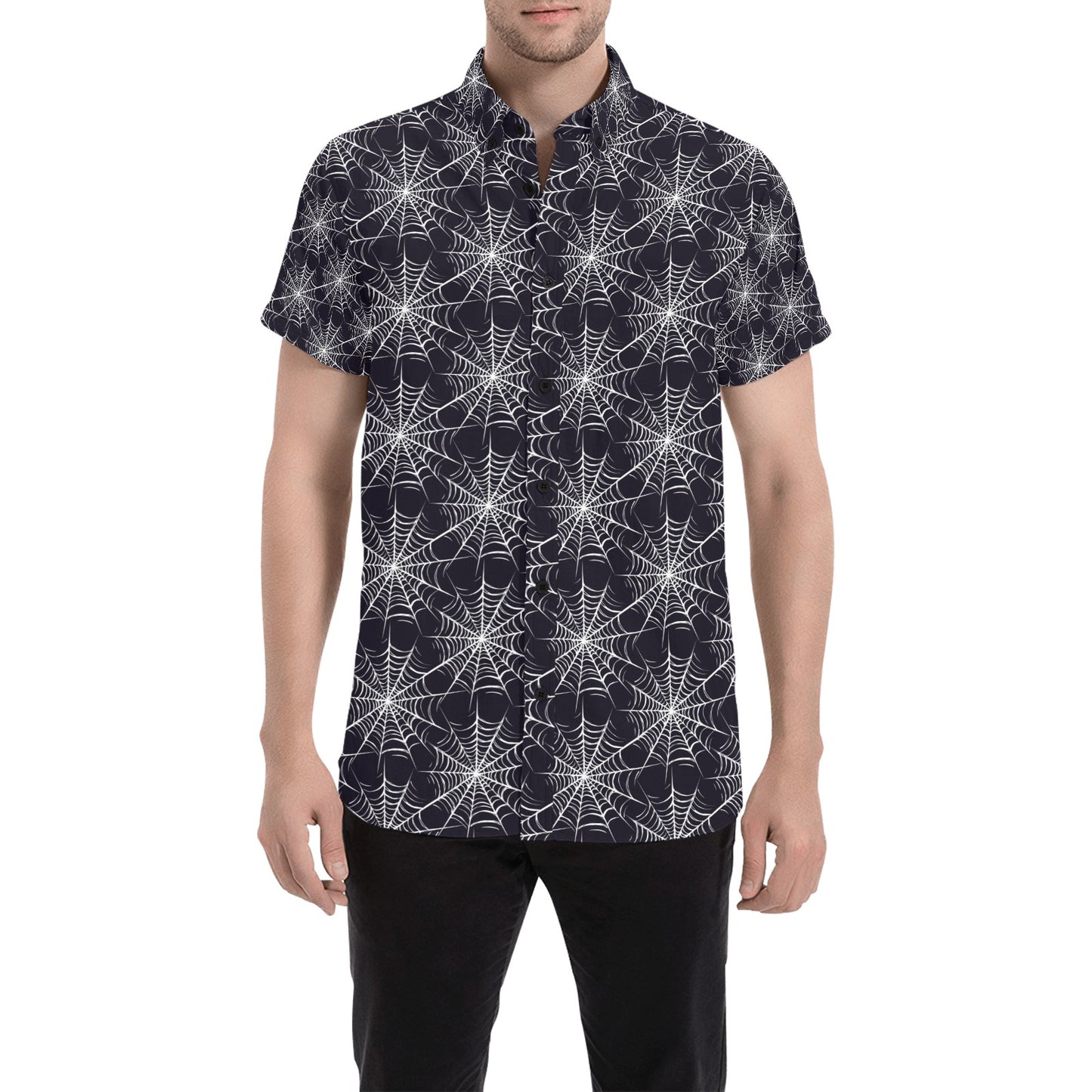 Spider Web Print Design LKS303 Men Short Sleeve Button Up Shirt