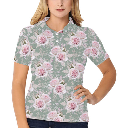 Rose White Pattern Print Design RO012 Women's Polo Shirt
