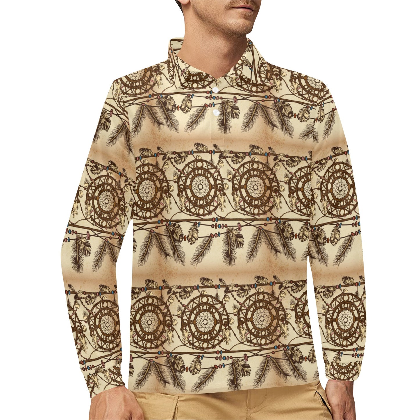 Dream catcher vintage native Long Sleeve Polo Shirt For Men's