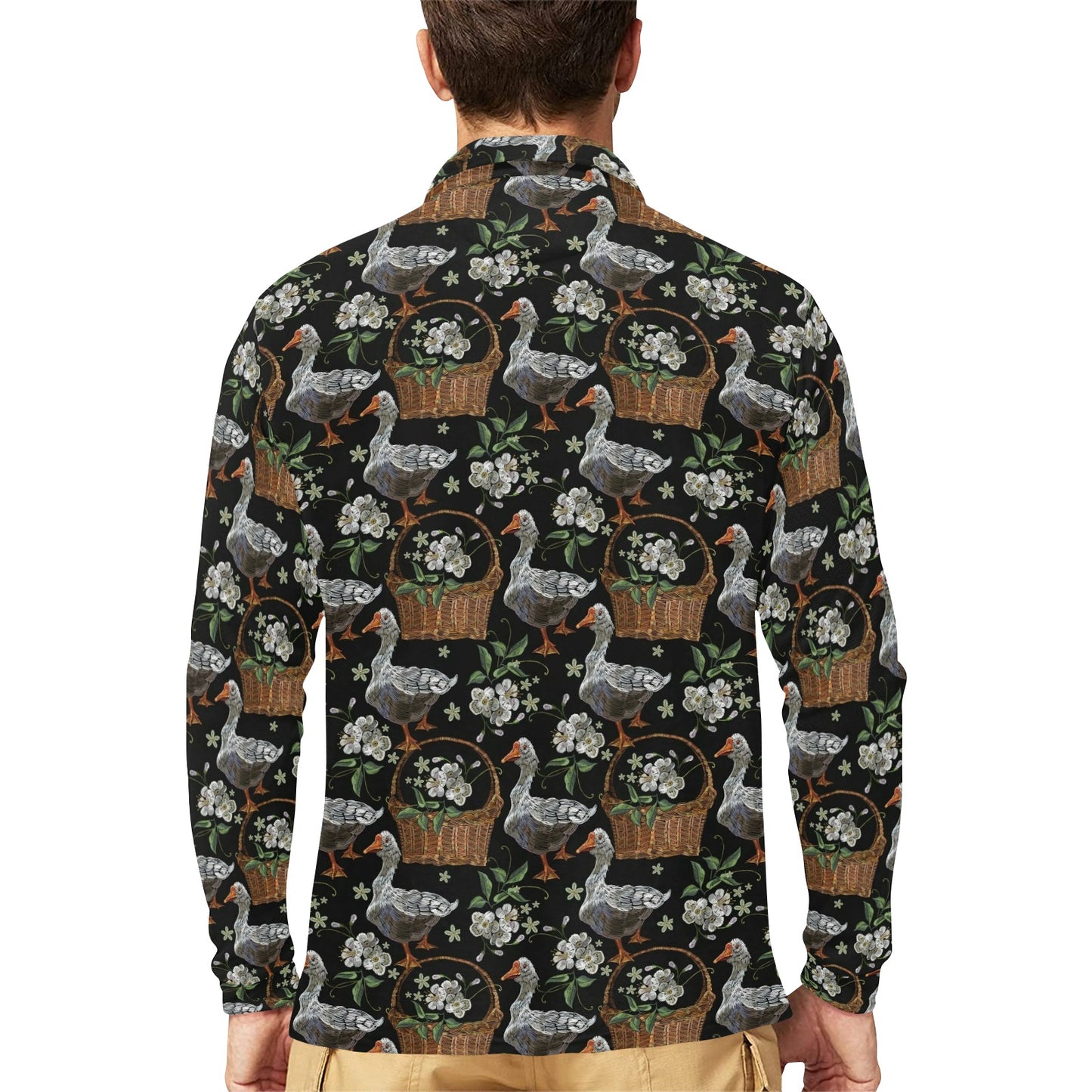 Goose Print Design LKS406 Long Sleeve Polo Shirt For Men's