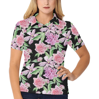 Peony Pattern Print Design PE08 Women's Polo Shirt