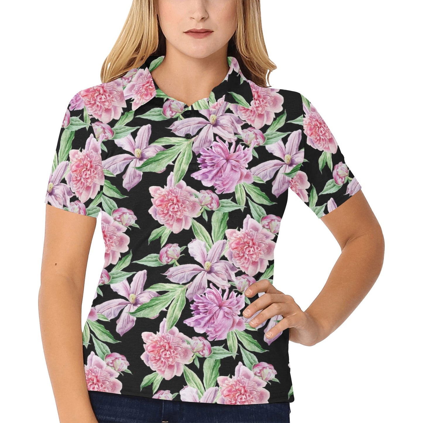 Peony Pattern Print Design PE08 Women's Polo Shirt