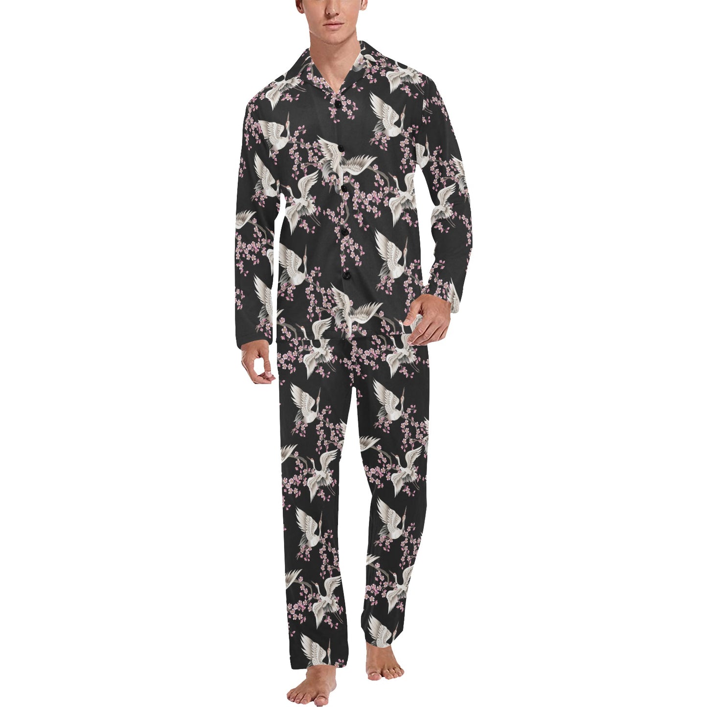 Crane Pattern Print Design 01 Men's Long Pajama Set