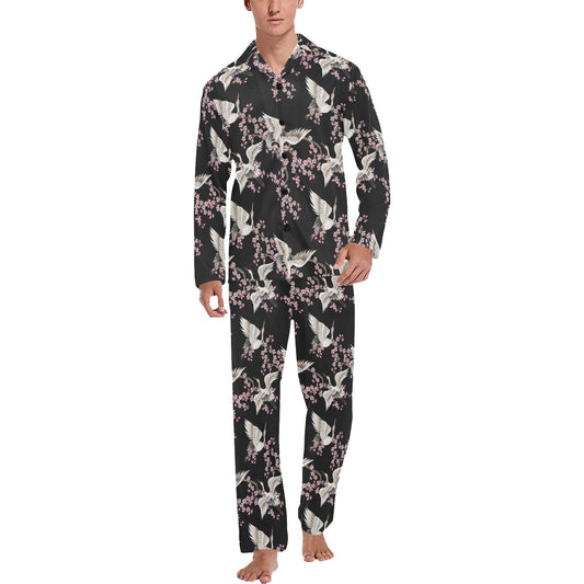 Crane Pattern Print Design 01 Men's Long Pajama Set