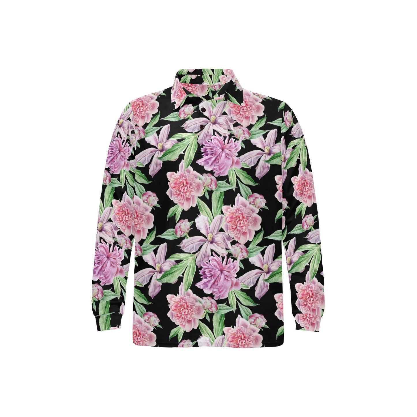 Peony Pattern Print Design PE08 Long Sleeve Polo Shirt For Men's