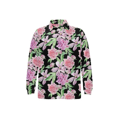 Peony Pattern Print Design PE08 Long Sleeve Polo Shirt For Men's