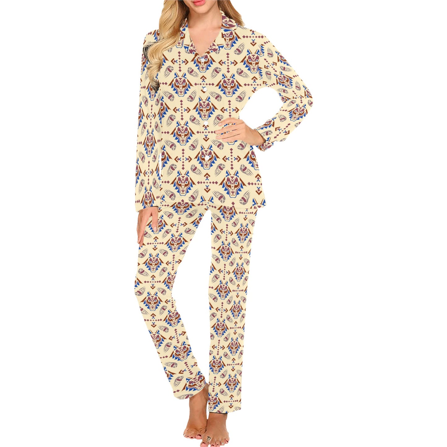 Aztec Wolf Pattern Print Design 03 Women's Long Pajama Set