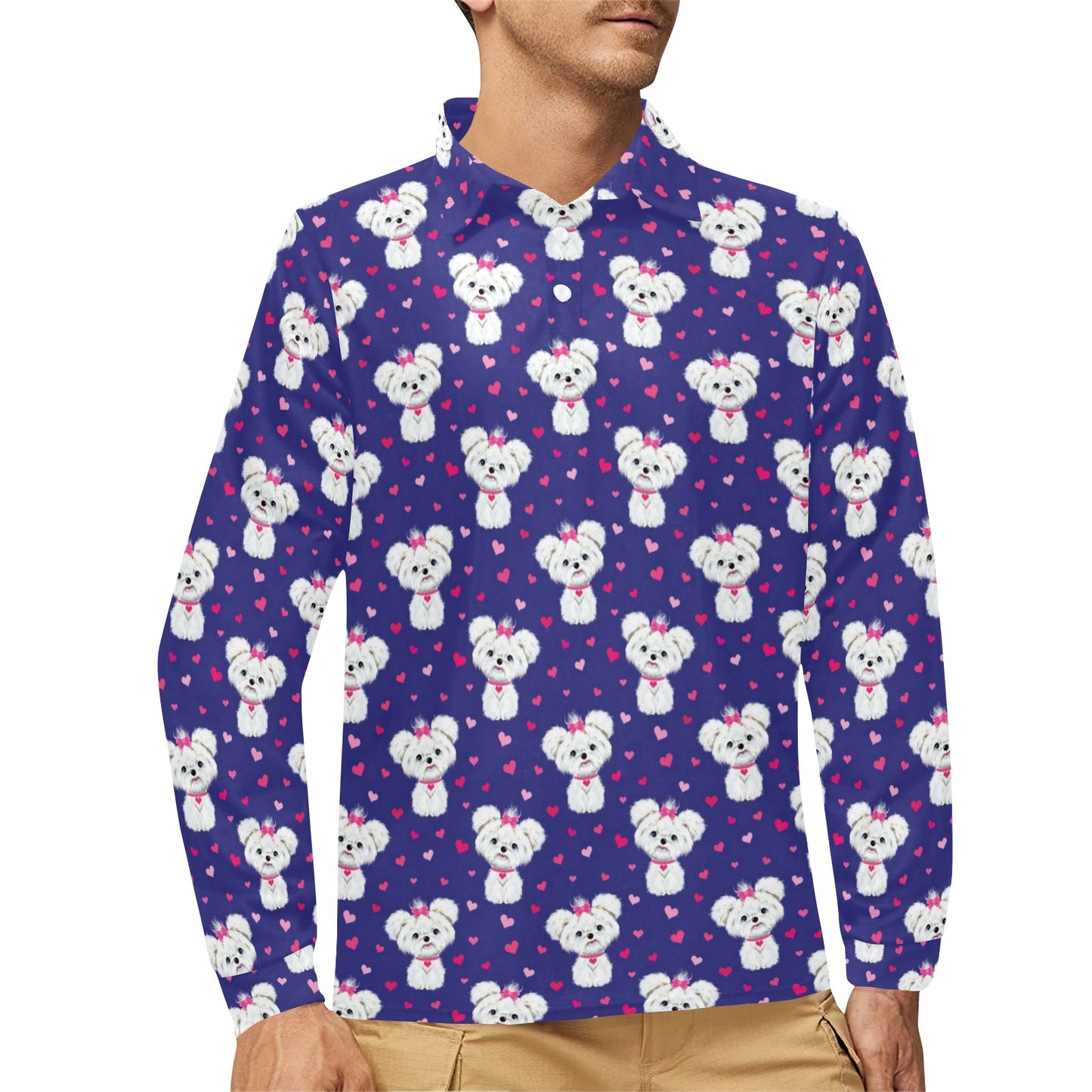 Maltese Pattern Print Design 02 Long Sleeve Polo Shirt For Men's
