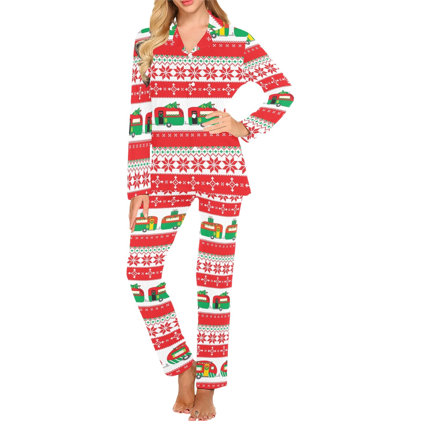 Camper Camping Ugly Christmas Design Print Women's Long Pajama Set