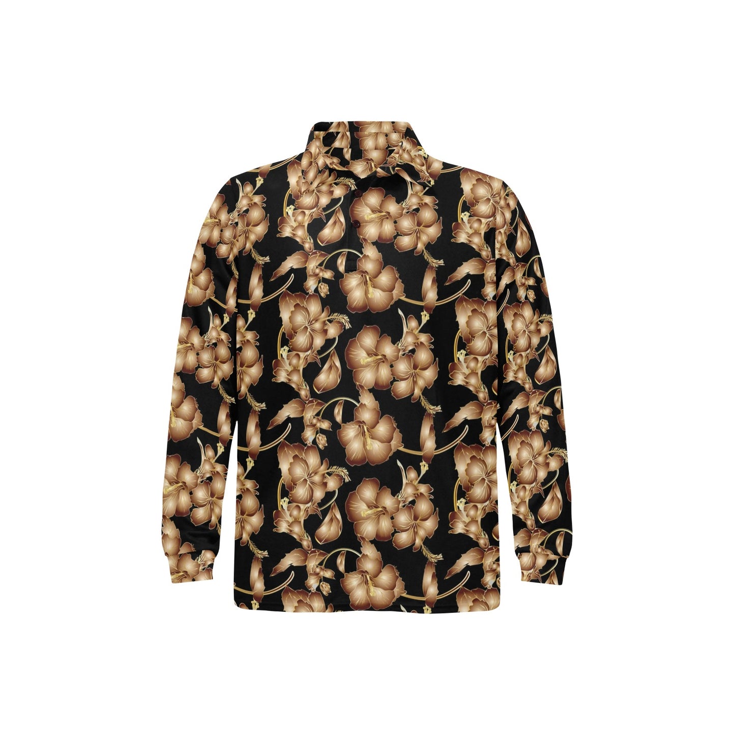 Brown Hibiscus Pattern Print Design HB06 Long Sleeve Polo Shirt For Men's