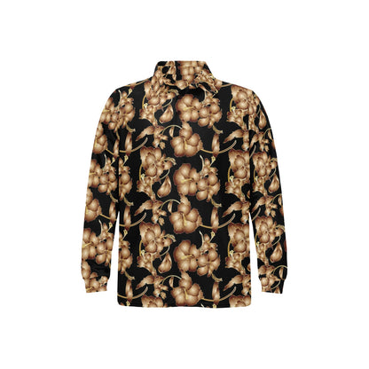 Brown Hibiscus Pattern Print Design HB06 Long Sleeve Polo Shirt For Men's