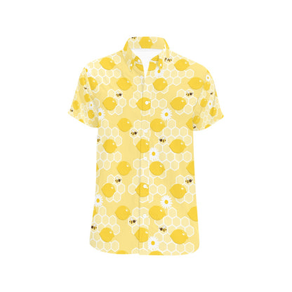 Honey Bee Honeycomb Print Design LKS3010 Men Short Sleeve Button Up Shirt