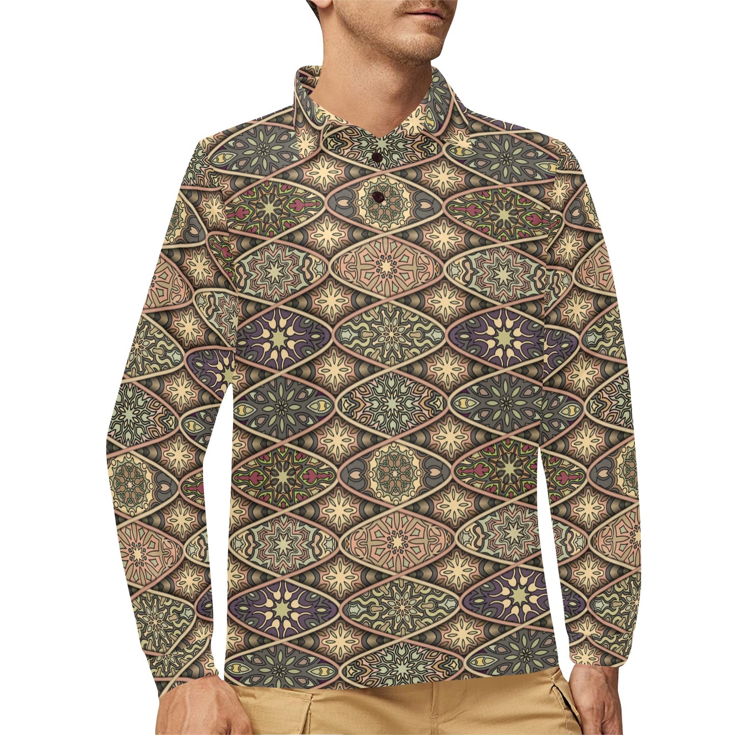 Mandala Motif Themed Design Print Long Sleeve Polo Shirt For Men's