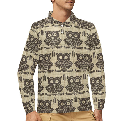 Owl Pattern Print Design A01 Long Sleeve Polo Shirt For Men's