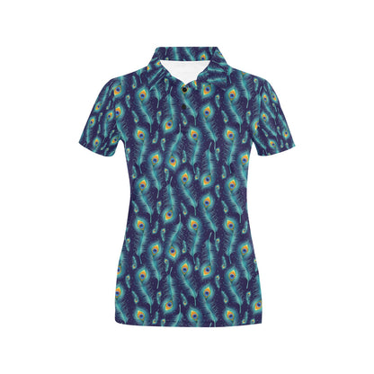 Peacock Feather Blue Design Print Women's Polo Shirt