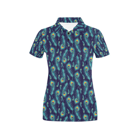 Peacock Feather Blue Design Print Women's Polo Shirt