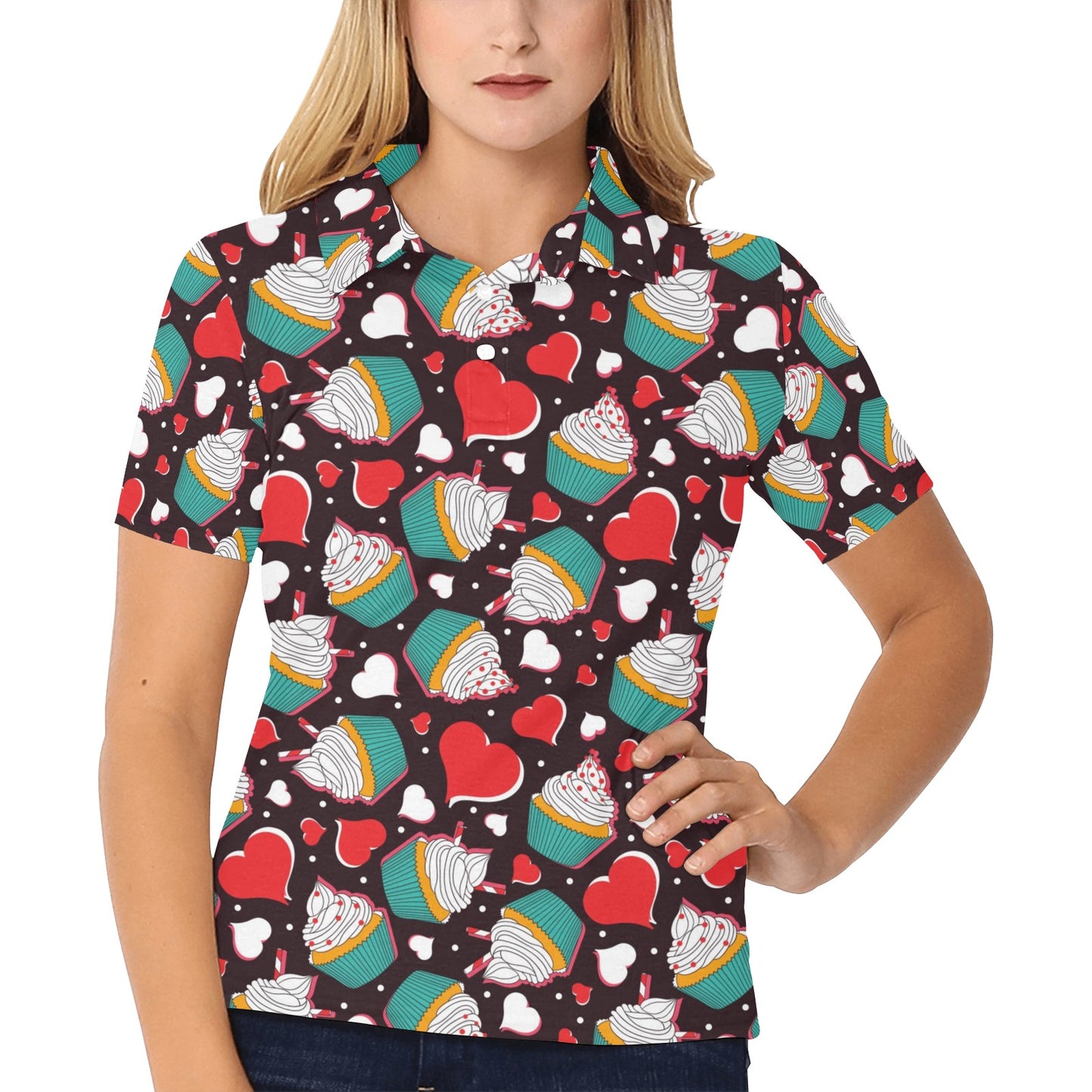 Cupcakes Heart Print Pattern Women's Polo Shirt