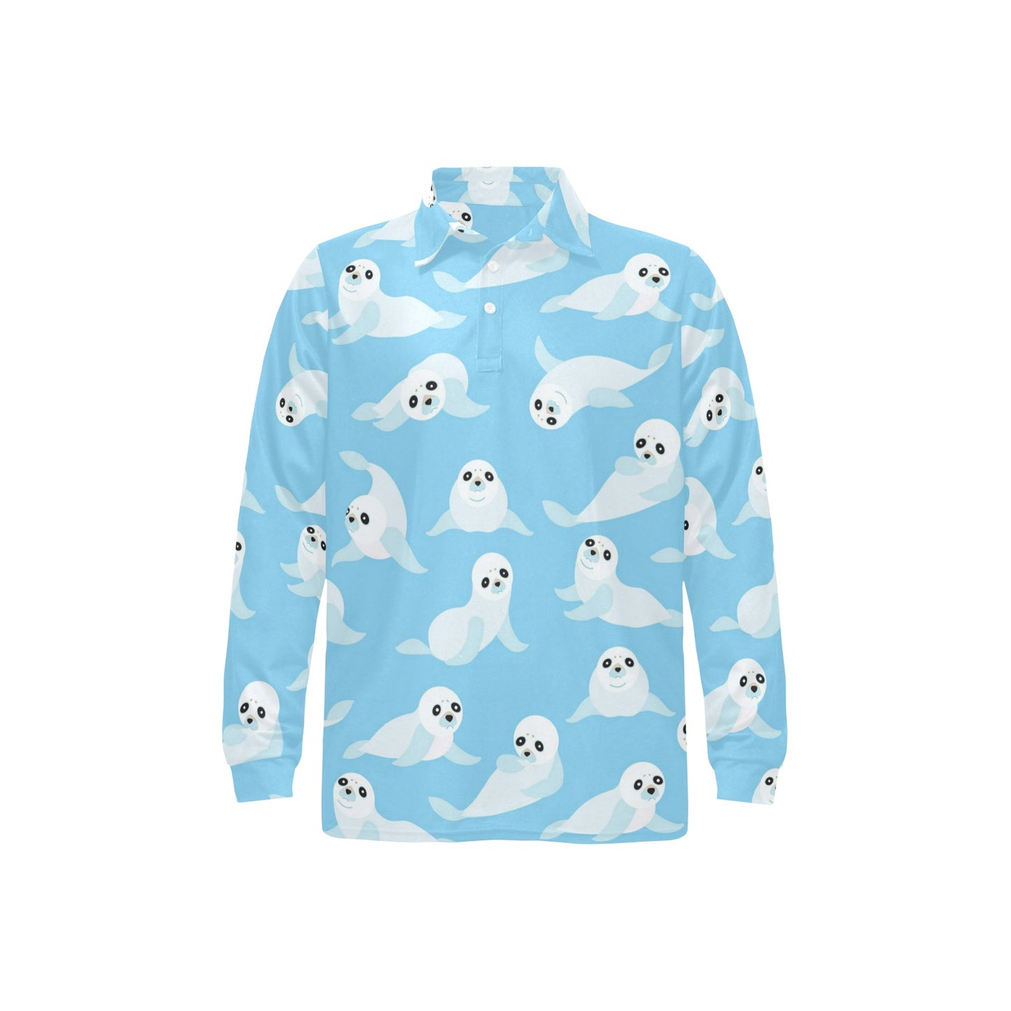 Sea Lion Cute Pattern Print Design 03 Long Sleeve Polo Shirt For Men's