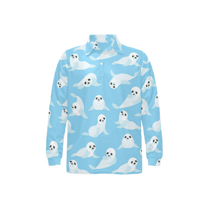 Sea Lion Cute Pattern Print Design 03 Long Sleeve Polo Shirt For Men's