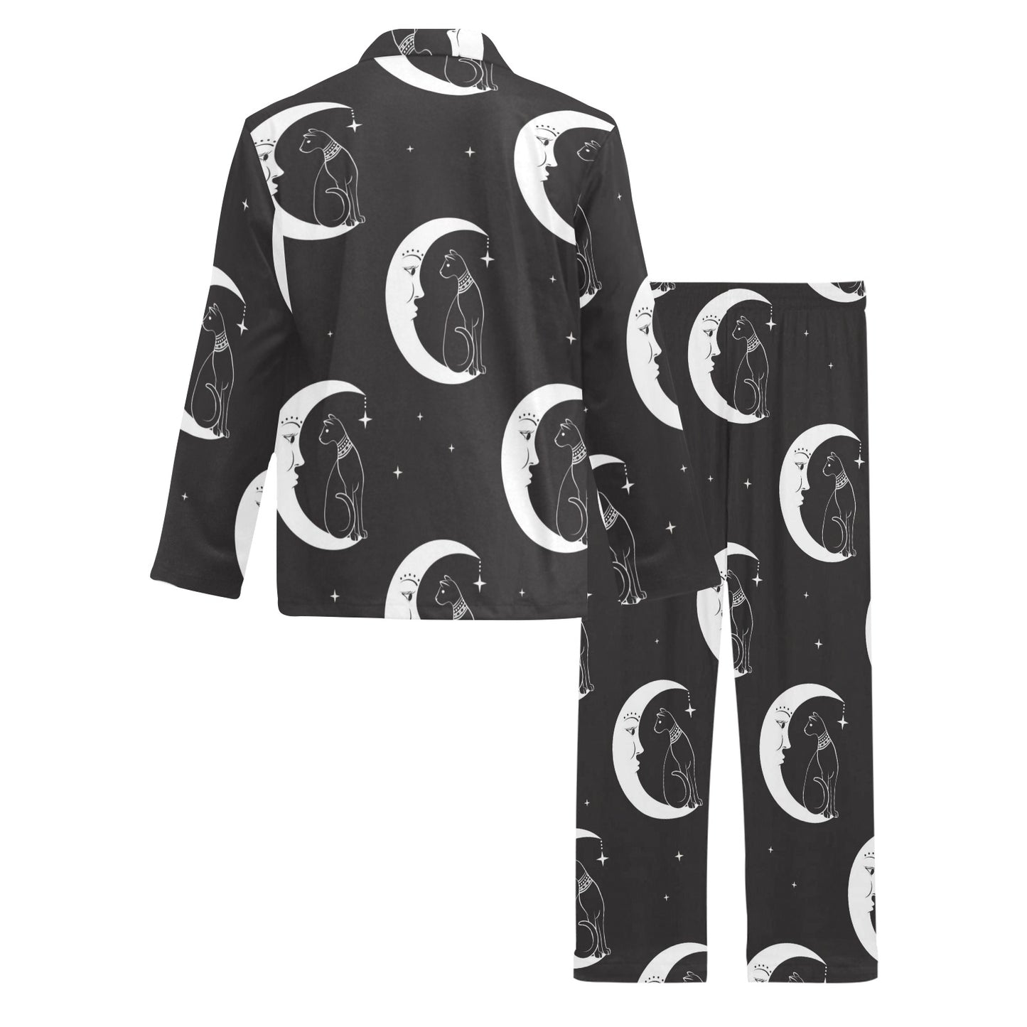 Moon with Cat Pattern Print Design 04 Men's Long Pajama Set