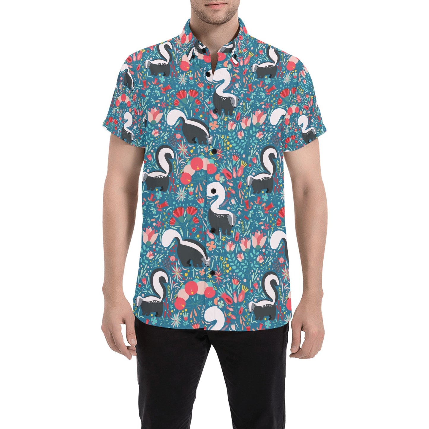 Skunk Print Design LKS302 Men Short Sleeve Button Up Shirt