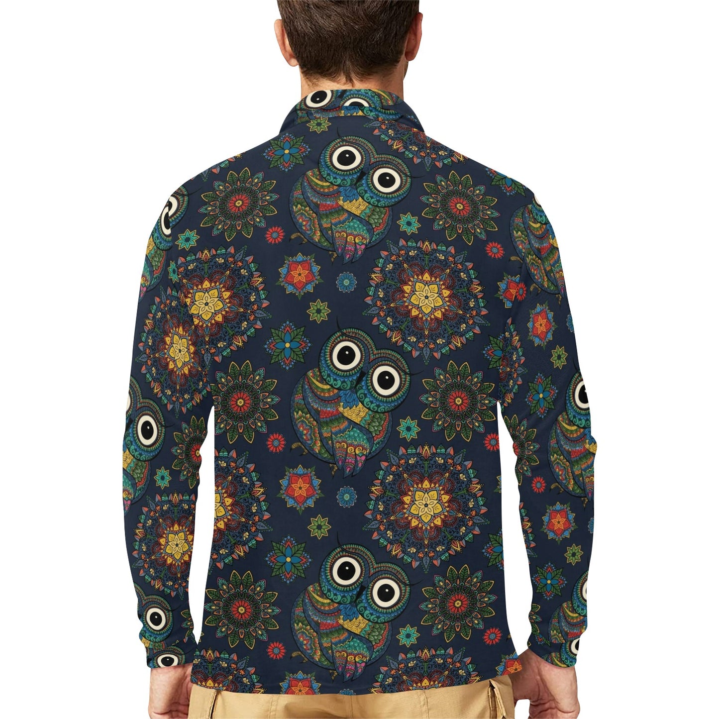 Owl Boho Style Pattern Print Design A04 Long Sleeve Polo Shirt For Men's