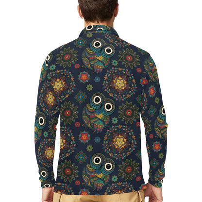 Owl Boho Style Pattern Print Design A04 Long Sleeve Polo Shirt For Men's