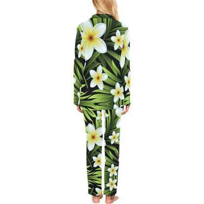 White Plumeria Pattern Print Design PM06 Women's Long Pajama Set